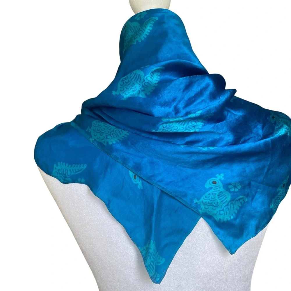 Blue Silk Square Scarf Bird Floral Pattern Turquoise Satin Finish 28x28